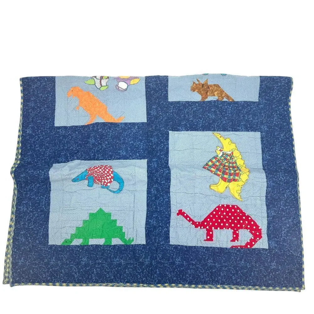 Hand Made Vintage Crib Quilt 42x66 Dinosaur Themed Rustic Retro Machine Quilted